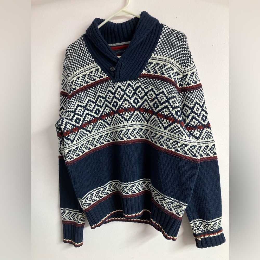Tommy Hilfiger Men’s Pullover Wool Blend Cardigan Sweater, S, Blue/Red/White